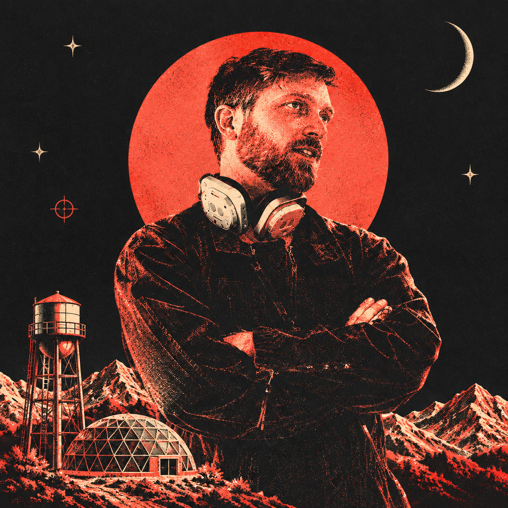 Two-tone screenprint portrait of Reuben Vollmer with a survival landscape: a red sun, mountains, a water tower, and a solar dome.