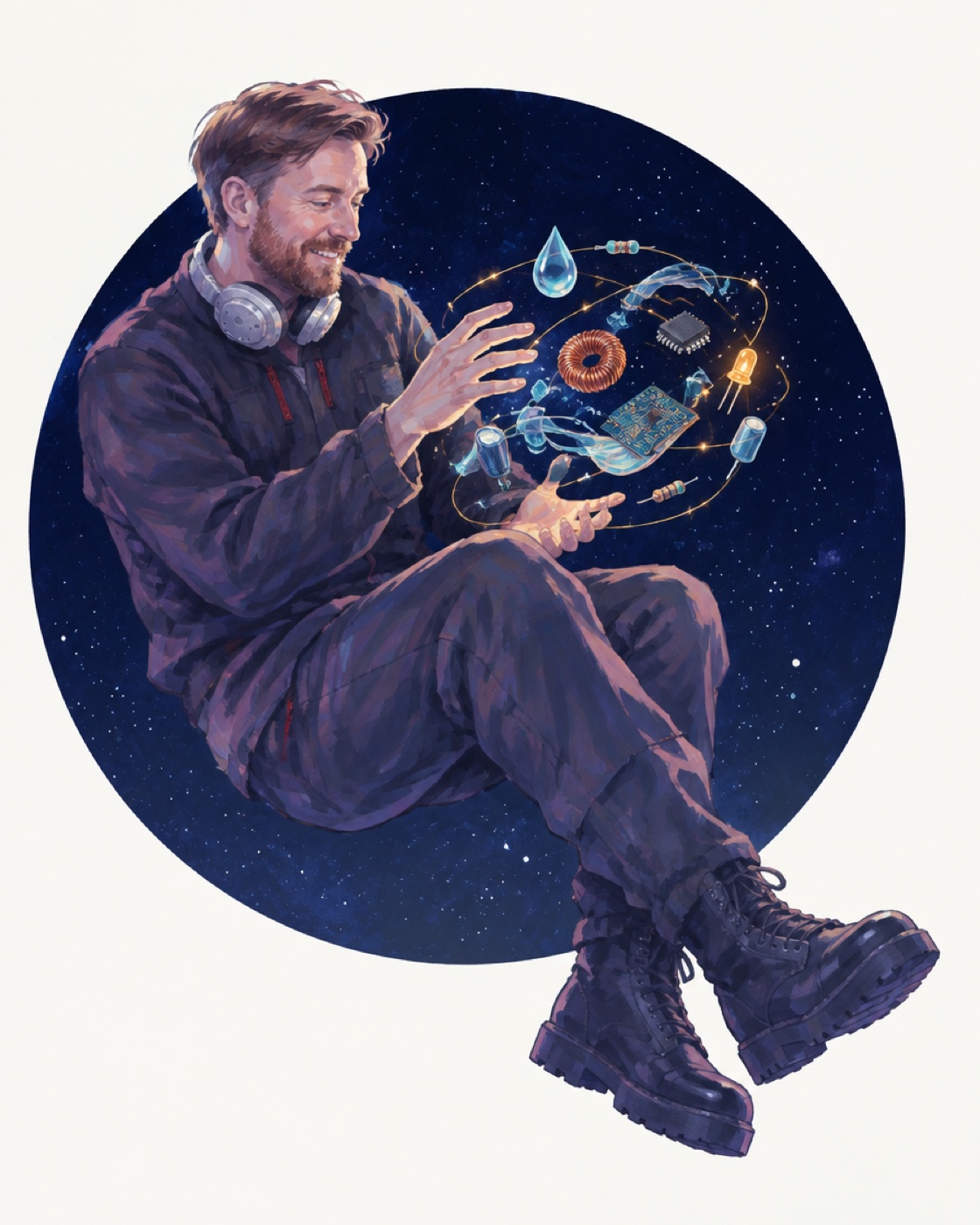 Illustration of Reuben Vollmer conjuring a constellation of water droplets and electronic components.